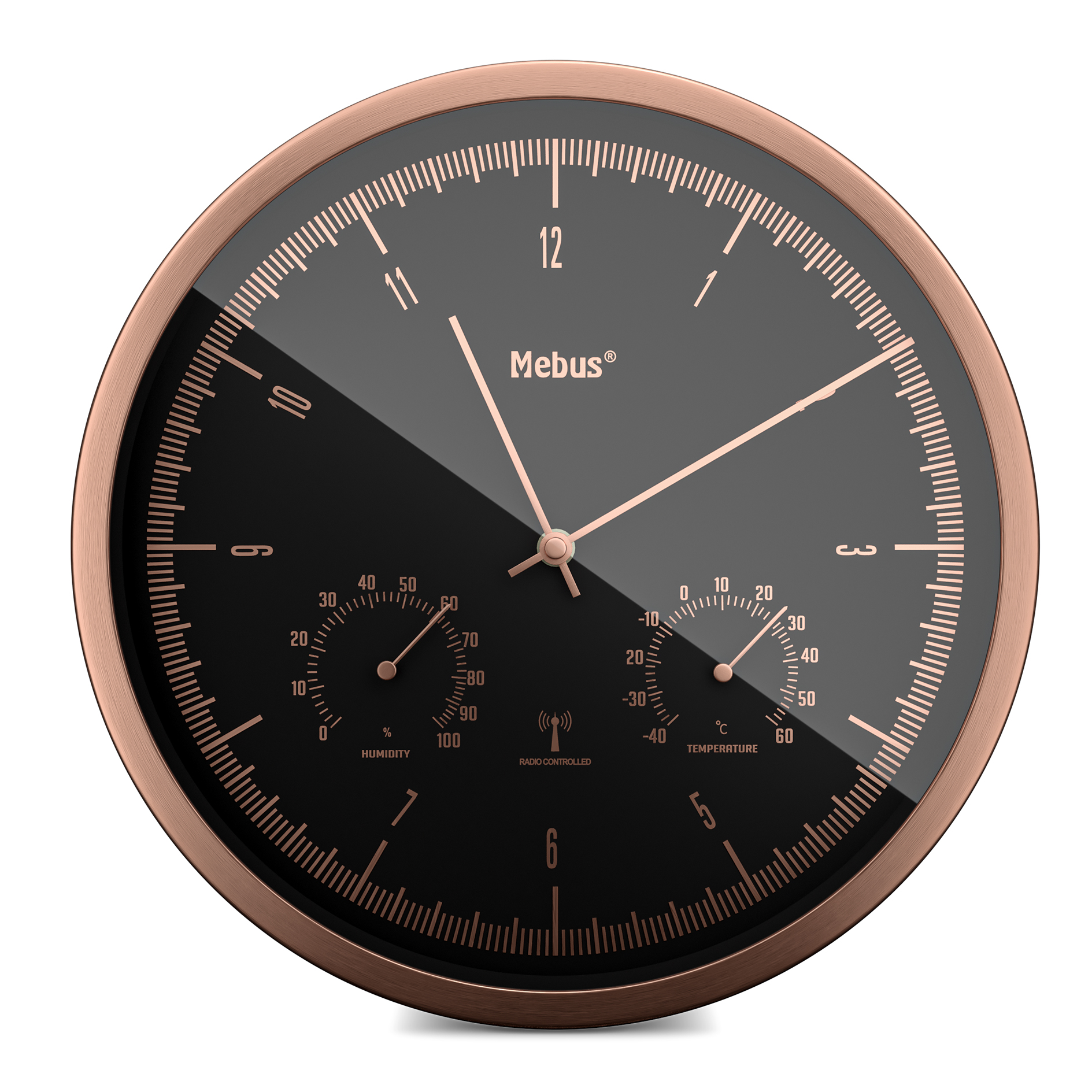 MEBUS Funk-Wanduhr - roségold-schwarz - Thermo-/Hygrometer - Ø 25 cm