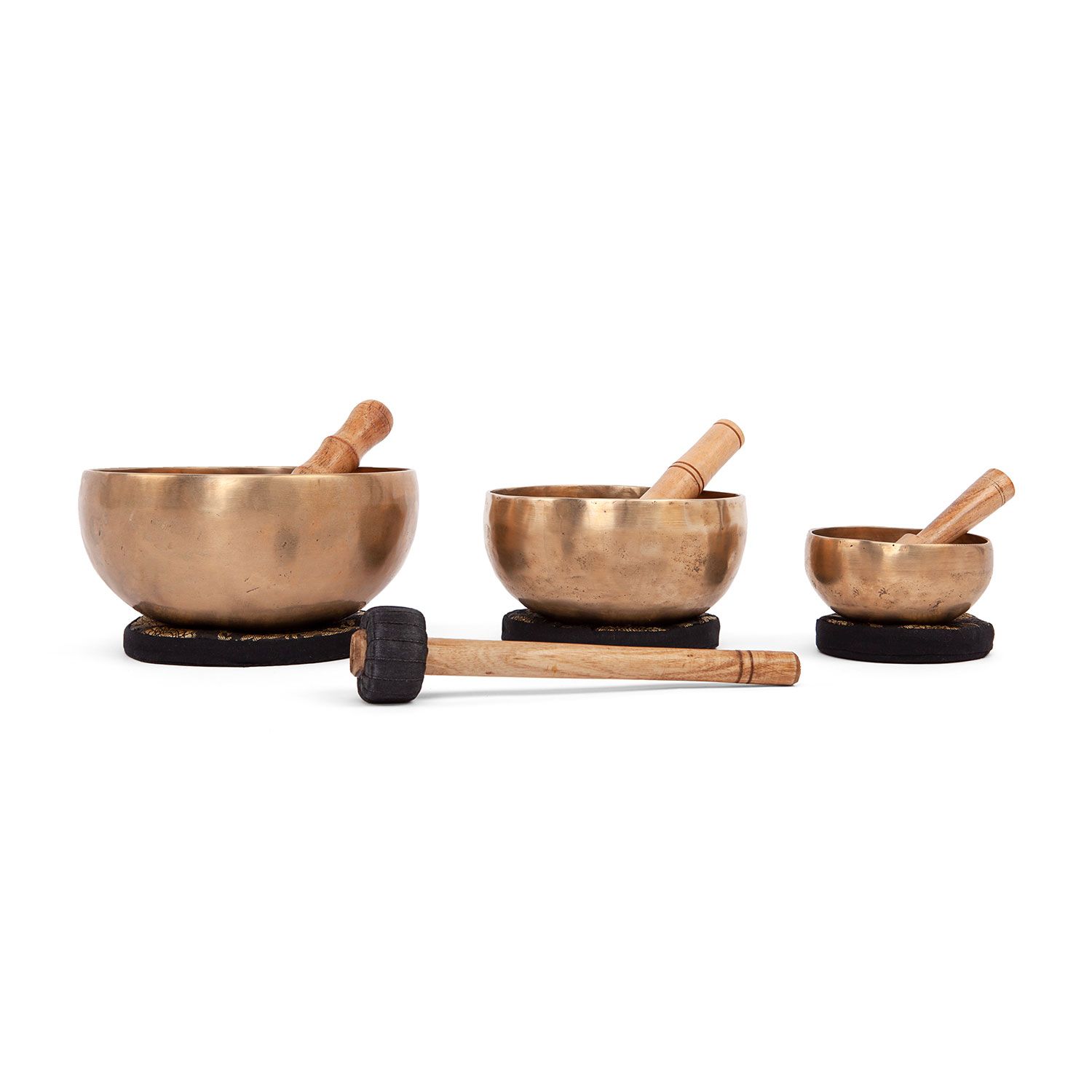bodhi Klangschalen-Set, bestehend aus 3 Klangschalen, inkl. 3 Kissen, 3 Holzklöppel & 1 Filzklöppel
