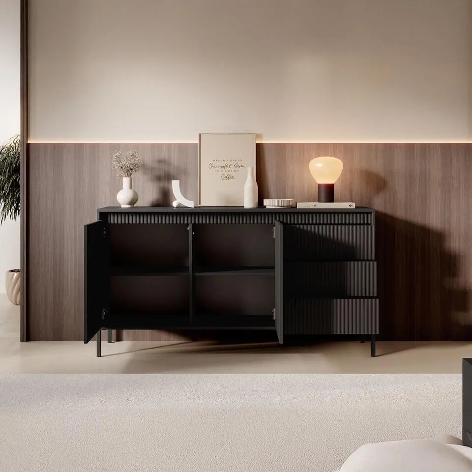 Meubella - Dressoir Saran - Mat zwart - 153 cm