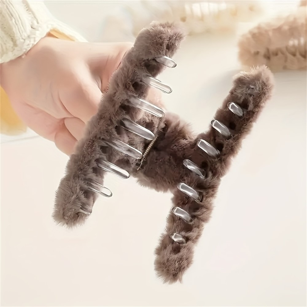 (3er Set) 11cm Haarspange Klammer Plüsch Krallen Clip Haar Accessoire - Schwarz / Beige