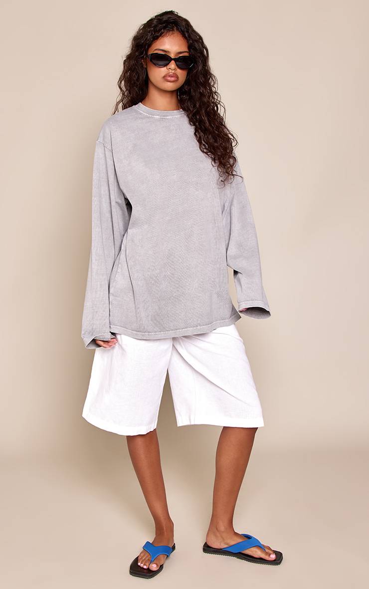 Gris T-shirt Oversize En Coton Délavé À L'acide À Manches Longues
