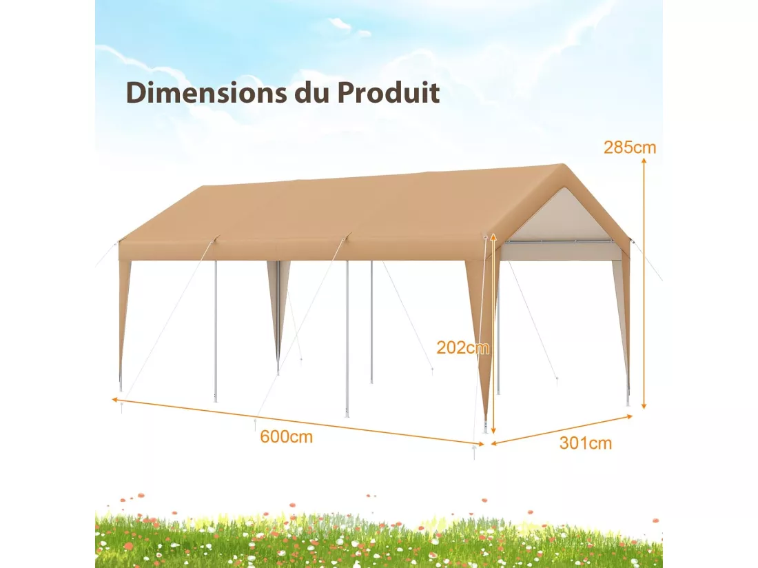 Abri de Voiture/Carport 3 x 6 m - Cadre en Acier Galvanisé/Tente de Garage PE 160g/㎡ Tente de Réception/Tonnelle Extérieure