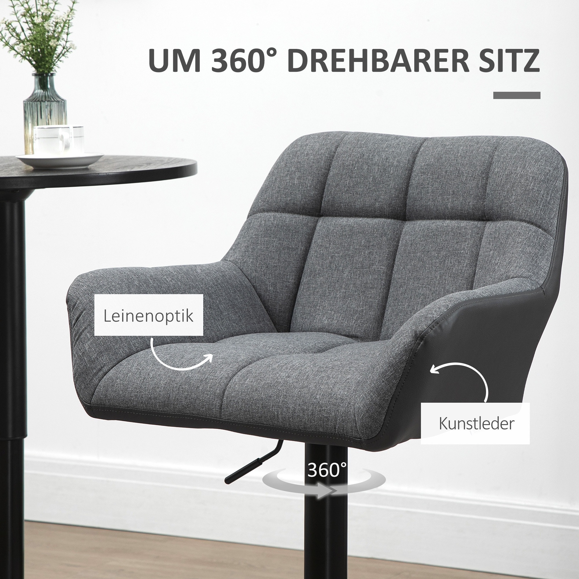HOMCOM Barhocker mit Fußstütze grau, schwarz 57,5L x 52,5B x 93-114H cm