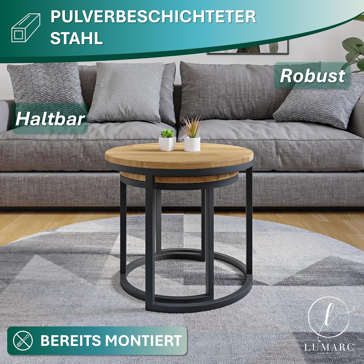Modena, Couchtisch 2er Set aus Massivholz Eiche und Stahl, Handgefertigt in Europa, Beistelltisch, Wohnzimmertisch, Coffee Table, Schwarz, Rund, Ø50x43 cm / Ø40x38 cm