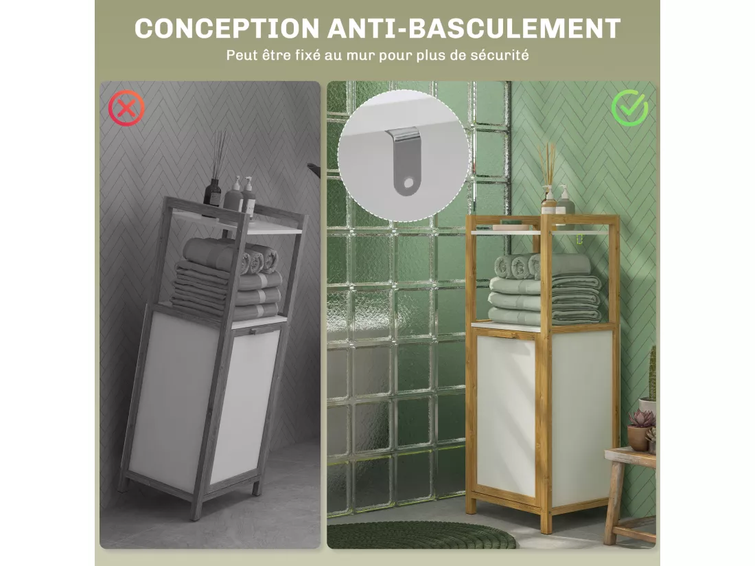 Meuble bas de salle de bain sur pied - 2 étagères, panier à linge - dim. 40L x 30l x 86,5H cm - bambou MDF blanc