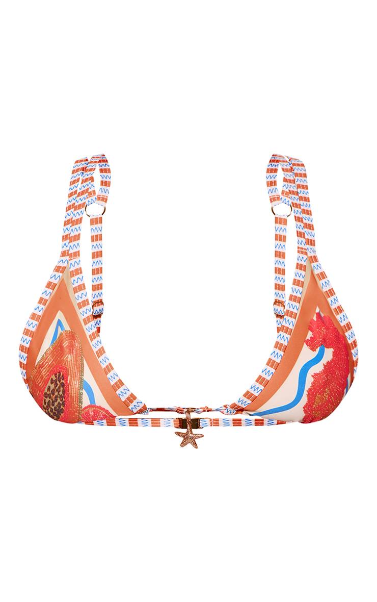 Orange Haut De Bikini Triangle Fixe Imprimé Papaye