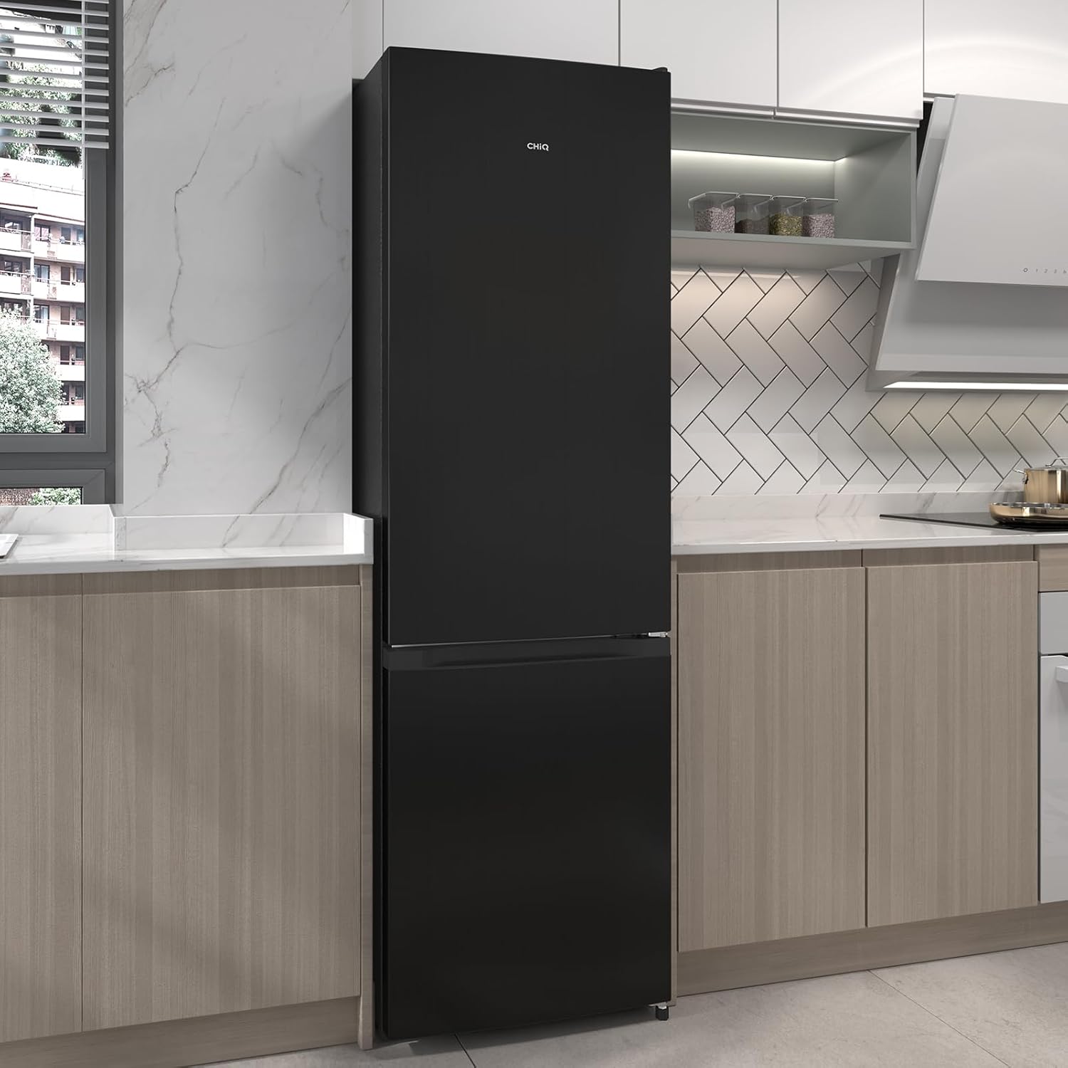 CHIQ FBM260L Freistehender Kühlschrank mit Gefrierfach 260L | Kühl-Gefrierkombination, Low-frost, Frischhalteboxen groß| 176 x 54 x 55 cm (HxBxT) | Dunkler Edelstahl Look