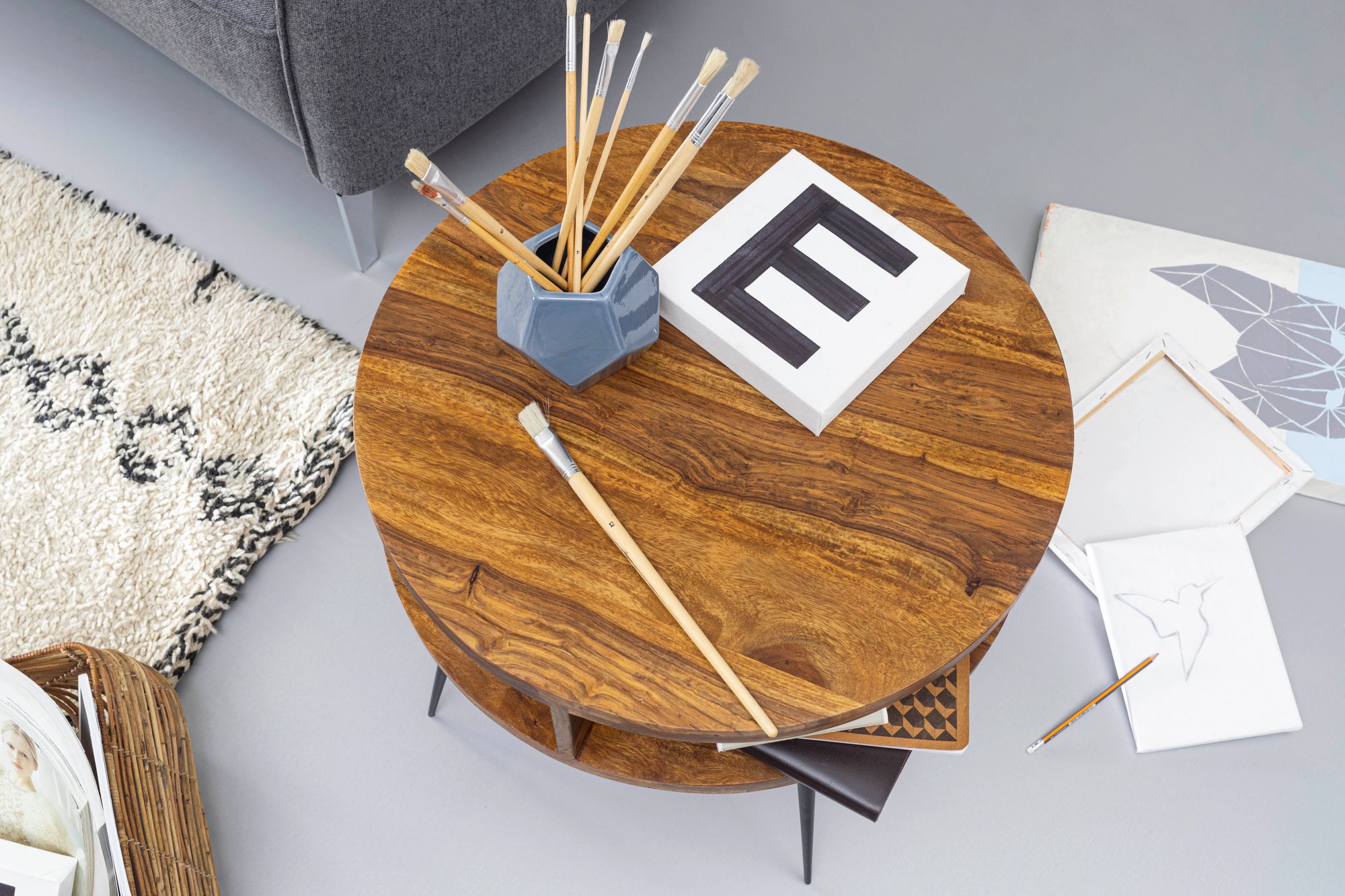 FineBuy Couchtisch Massivholz 60 cm Wohnzimmertisch Sofatisch Rund Tisch Ablage