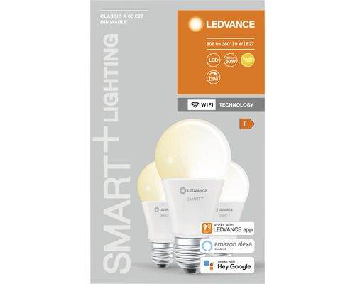 Ledvance Smart WIFI LED-lampen, dimbaar, A60 E27/9W (60W), mat, 806 lm, 2700 K warm wit, 3-pack