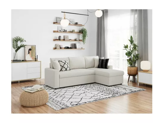 Canapé d'angle 3 places Maria réversible, convertible en tissu bouclette - Blanc - L227 x P146 x H81cm - Loungitude