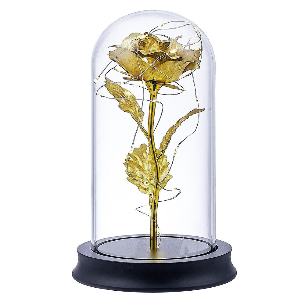Rose éternelle dorée à LED sous cloche Ø12xH22cm
