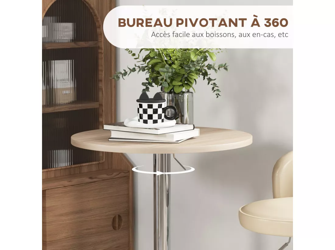 Table de bar ronde Ø 60 cm table bistro chic hauteur réglable 69-91 cm acier chromé aspect bois clair