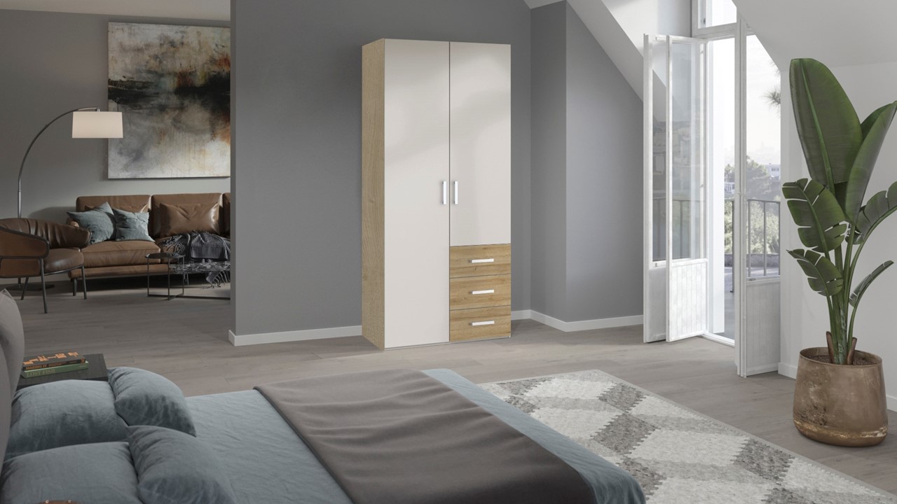 Draaideurkast Compact met laden en houten deuren eiken/wit