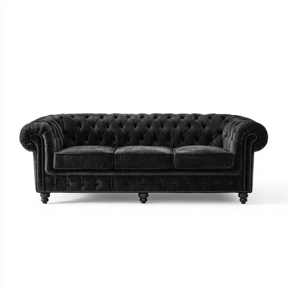 3-Sitzer-Sofa Samt Schwarz - Chesterfield Stil (215x90x75 cm)