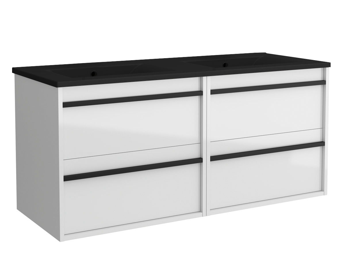 Muebles Resh badkamermeubel wit hoogglans 120cm met zwarte wastafel zonder kraangaten