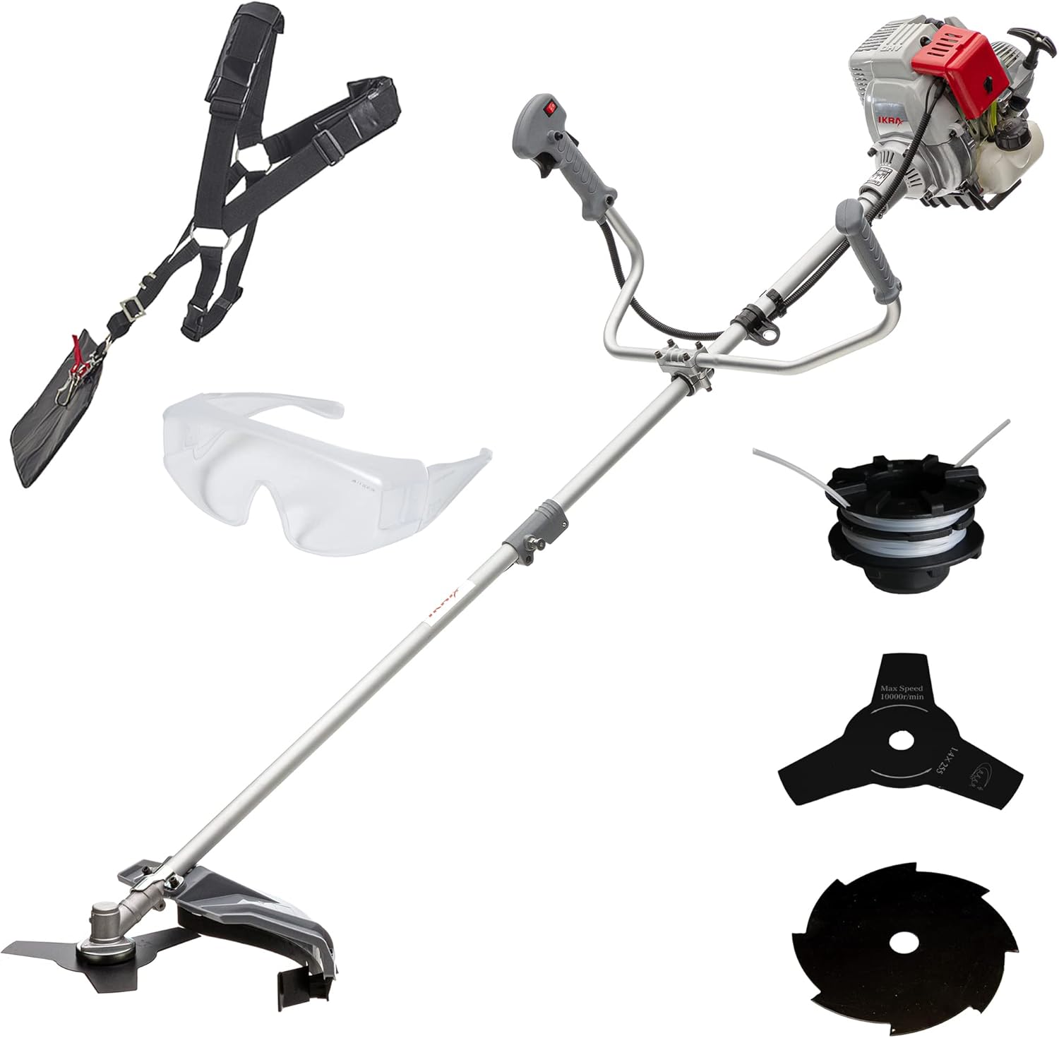 IKRA Benzin Freischneider Trimmer IBF 31-4, inkl. Fadenspule, 2X Dickichtmesser, Schultergurt & Schutzbrille
