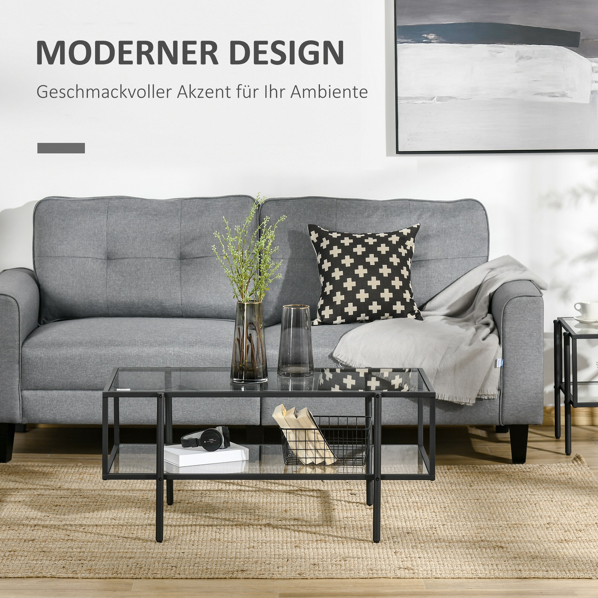 HOMCOM Beistelltisch mit 2 Regalen transparent, schwarz 100L x 55B x 45,5H cm
