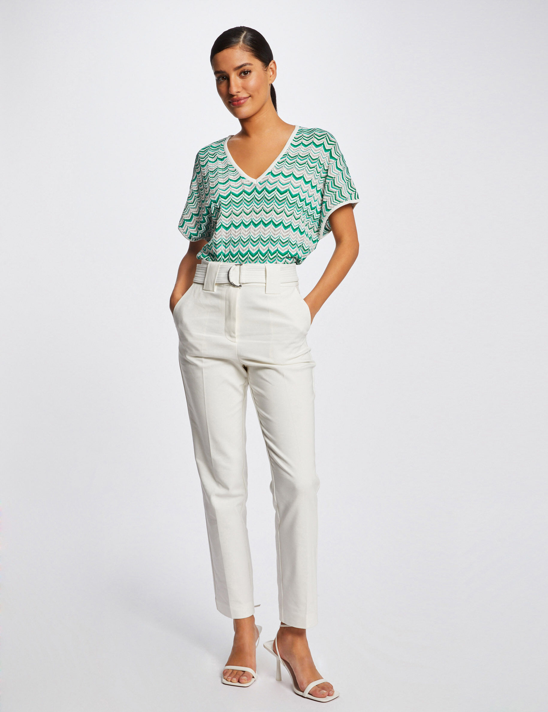 Pull manches courtes imprimé chevron vert femme - vert