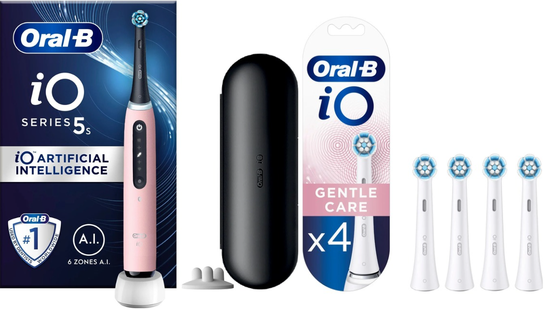 Oral-B - iO5s Pink Elektrisk Tandbørste & iO Gentle Care Udskiftningshoveder 4 styk (Bundle)