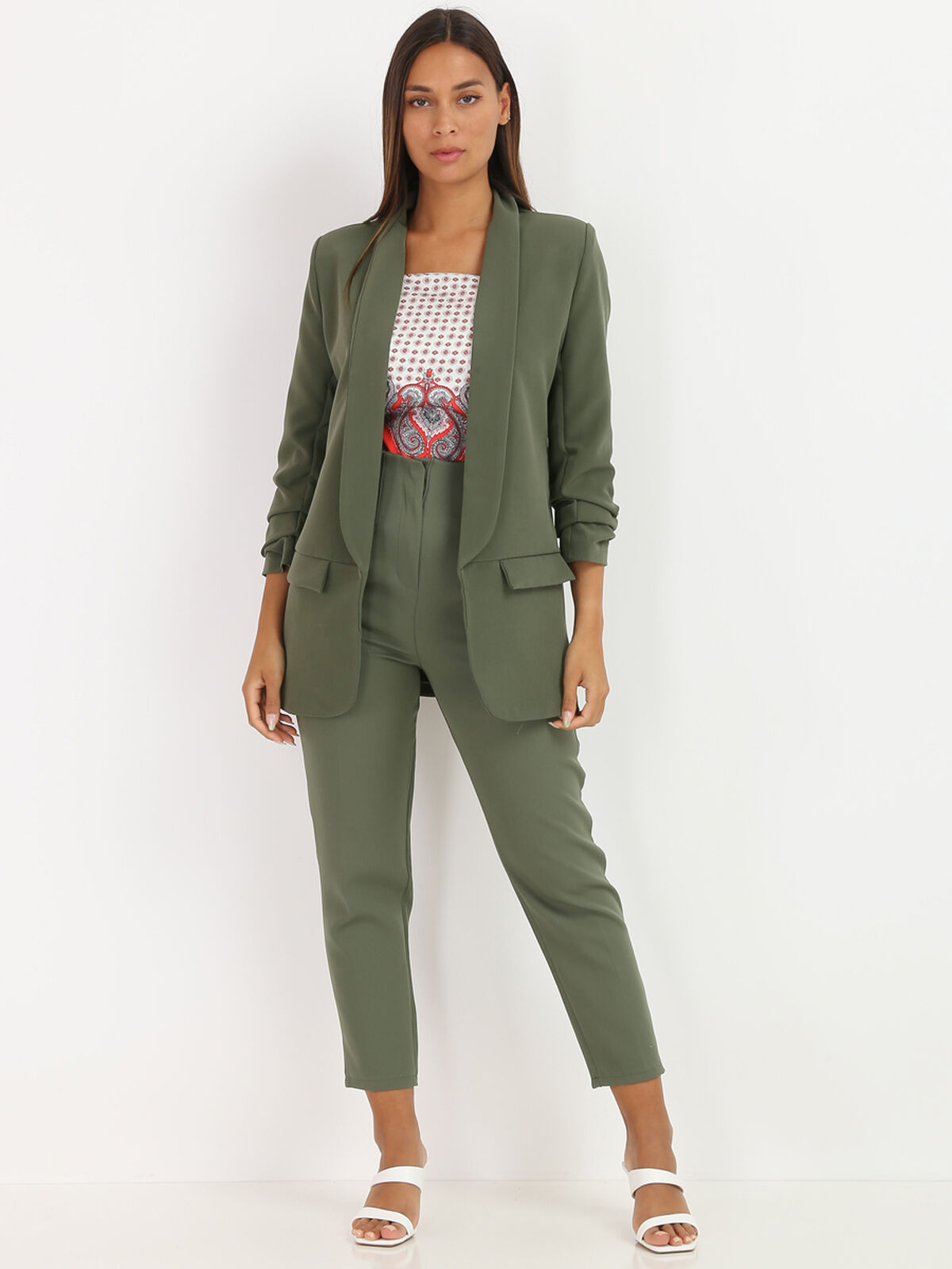Veste blazer à manches retroussées- Kaki
