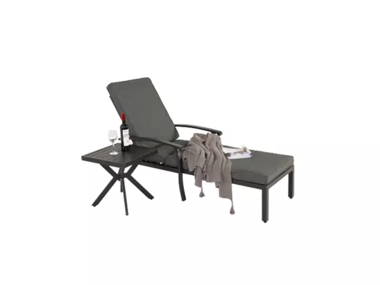 Chaise longue de jardin 1 pièce avec coussin gris imperméable en coton inclinable et réglable structure aluminium antirouille transat piscine extérieur