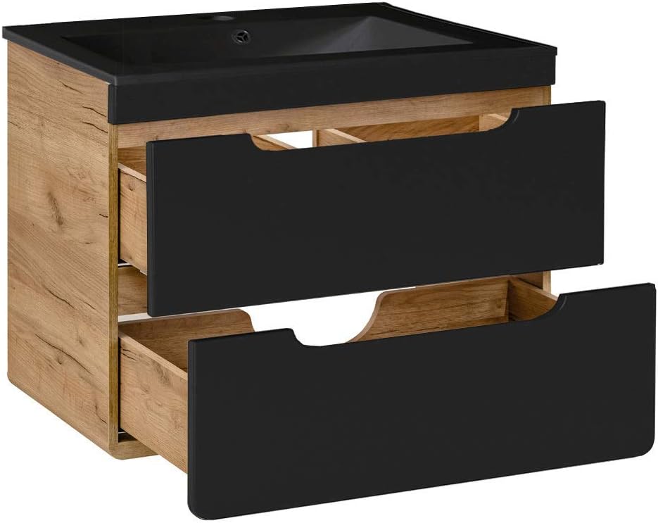 Lomadox Badmöbel Set 4-teilig, seidenmatt anthrazit & Wotan Eiche Nb., Badezimmer Komplettset: Spiegelschrank, Waschtisch mit Unterschrank, 2 Hochschränke