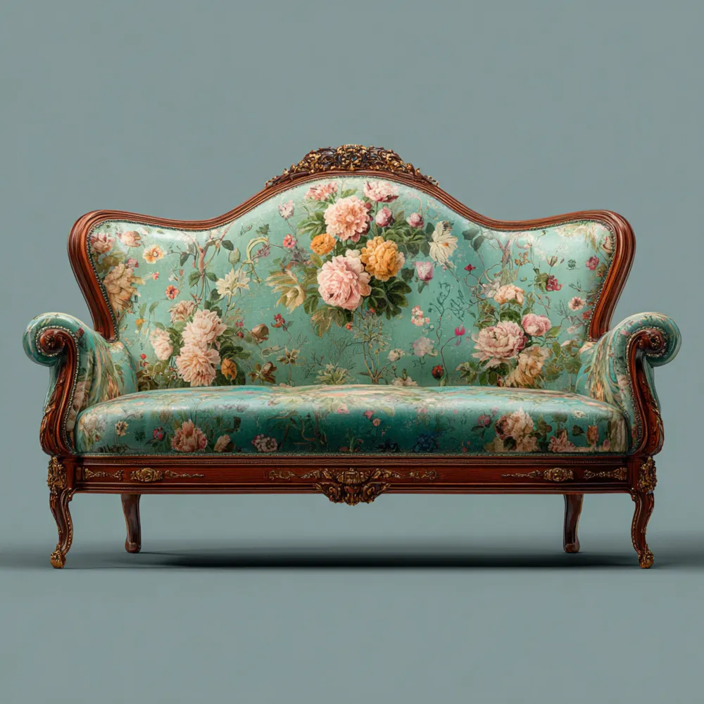 3-Sitzer-Sofa Massivholzrahmen mit floraler Textilpolsterung – Vintage