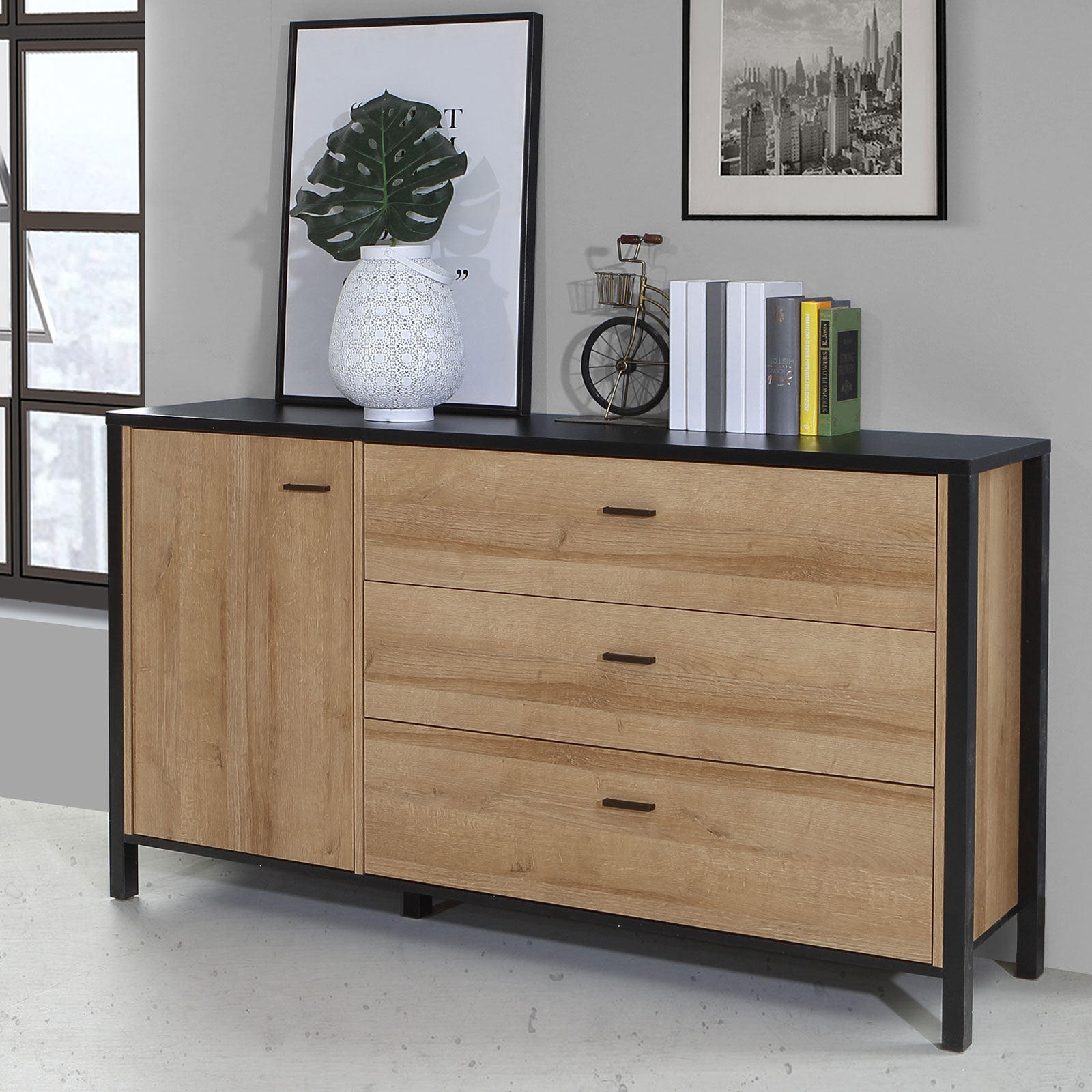 Sideboard - Riviera Eiche - schwarz - 151,3 cm