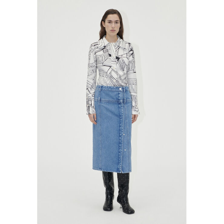 Stine Goya Button Slit Detail Midi Skirt, 2251 Denim Denim blue