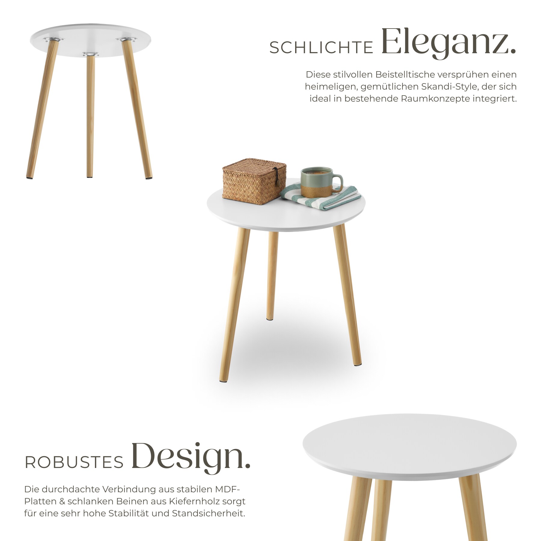 tectake® 2er Set Beistelltisch, Skandi-Style, massive Holzbeine, Belastbarkeit je 30 kg
