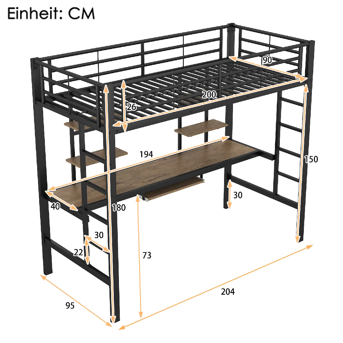 KOMHTOM Lit En Métal - 90 X 200 cm - Cadre De Lit Avec Bureau Et Deux Étagères Pour Enfants - Adolescents Et Adultes - Noir