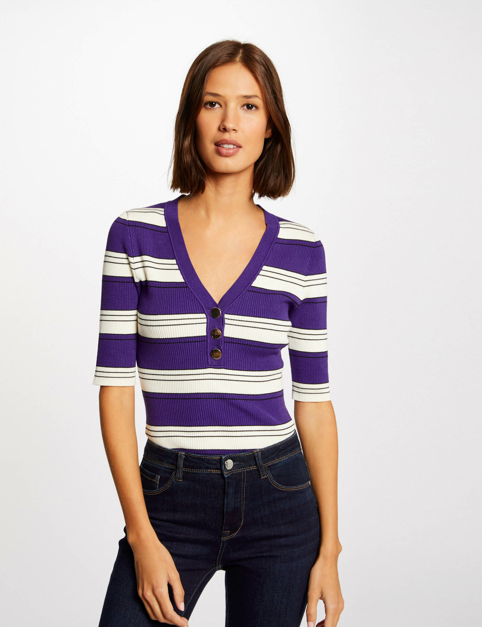 Pull manches courtes à rayures violet femme - violet