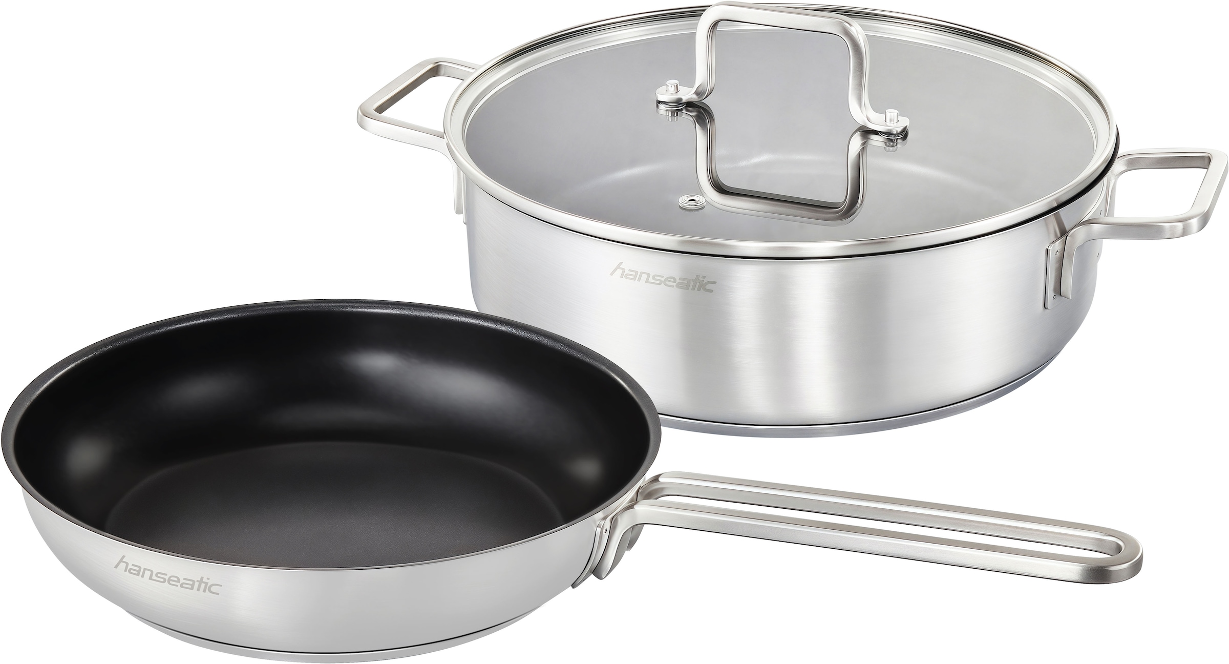 Hanseatic Pfannen-Set »DAILY« Edelstahl 18/10 Set, 1x Pfanne 24 cm, 1x Servierpfanne 28 cm mit Deckel, 3 Stk. tlg. mit Antihaftbeschichtung, für alle Herdarten, Induktion