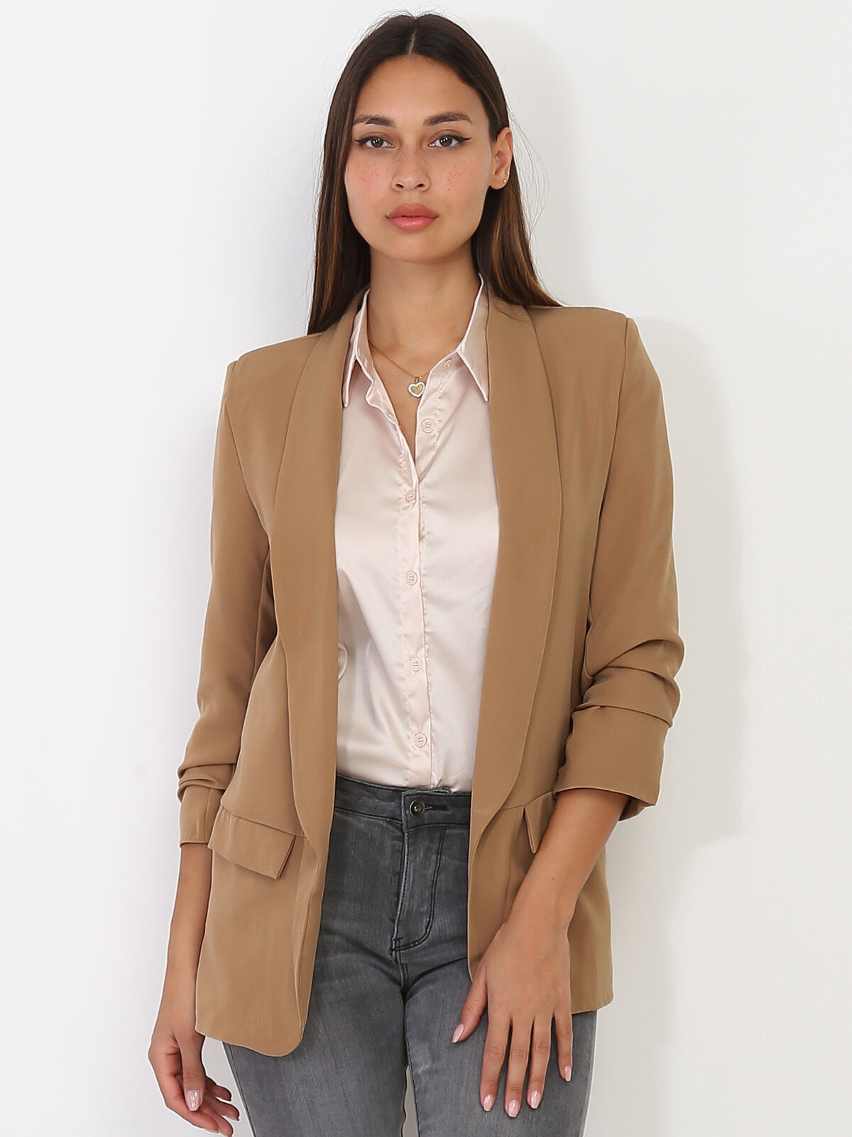 Veste blazer à manches retroussées- Camel