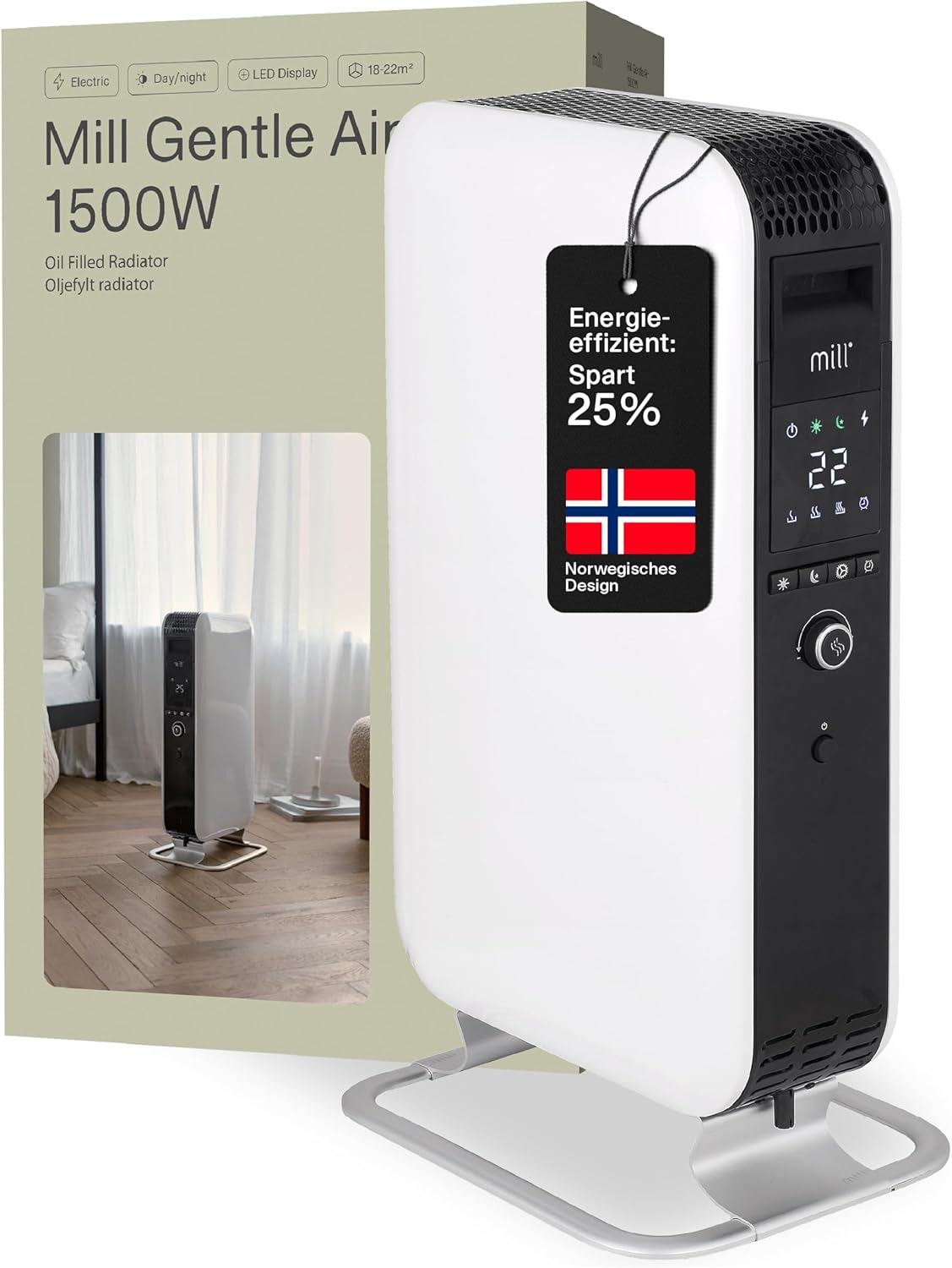 Mill Ölradiator Heizkörper 1500W, elektrische Heizung, bis zu 22 m², geräuschlose Elektroheizung energiesparend, sicherer Elektroheizkörper mit Tag-Nacht Programm, Radiator Heizung elektrisch weiß