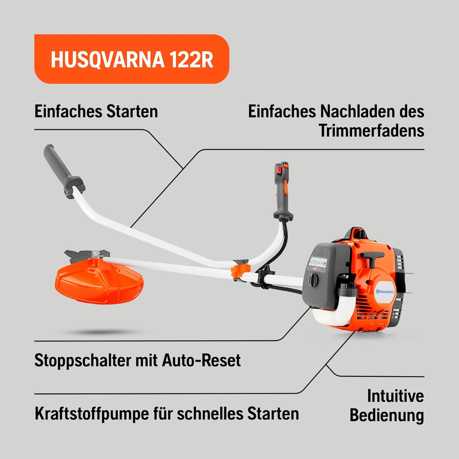 Husqvarna 122R Benzin-Rasentrimmer - 21,7cm³ 2-Takt Freischneider, 43 cm Schnittbreite, Tap 'n Go Kopf, Smart Start®, mit Doppelgurt