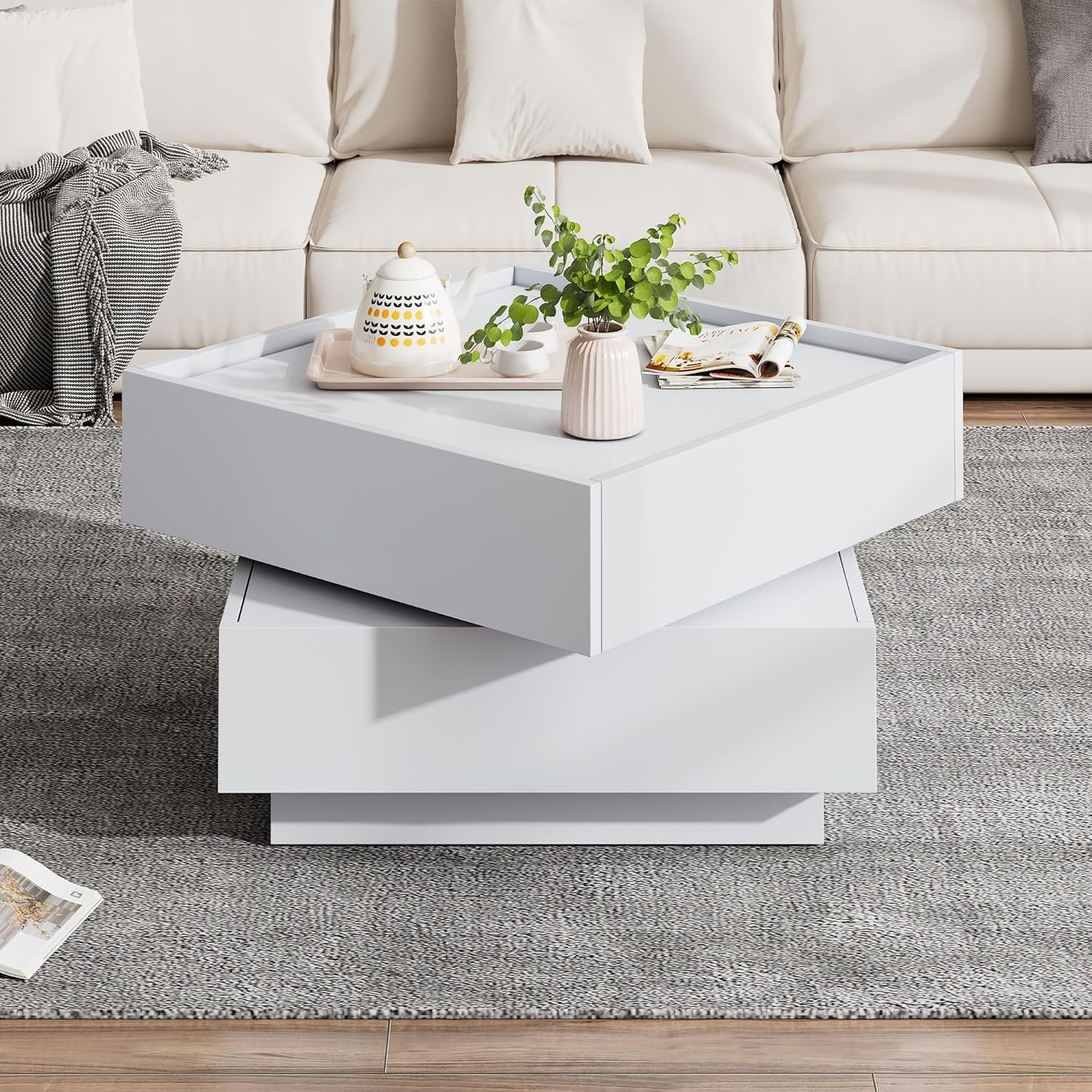 BTM Funktionaler Couchtisch für das Wohnzimmer, 360° drehbar, drehbare Tischplatte mit 2 Ablagen und Stauraum, Gestell Wohnzimmerbeistelltisch reinweiß, 60x60x38 cm