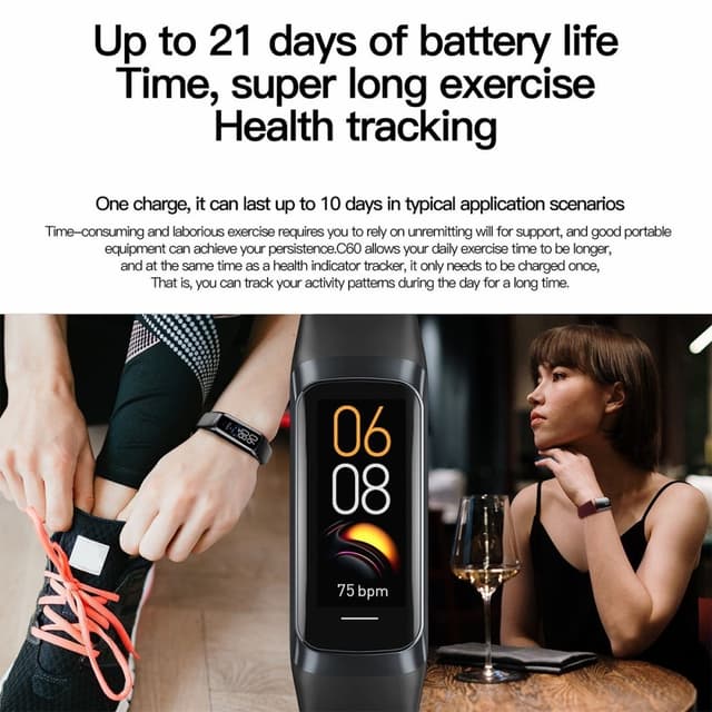 C60 1,1 tommer Vandtæt Smartwatch Hjertefrekvens Blodilt Monitor Kropstemperatur Detektor Fitness Tracker Sports Smart Armbånd