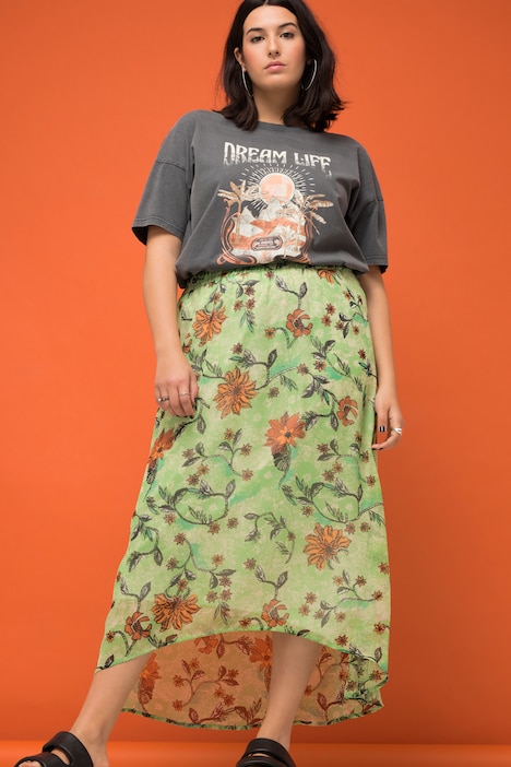 Midirock, A-Line, Chiffon, Flowerprint, Elastikbund