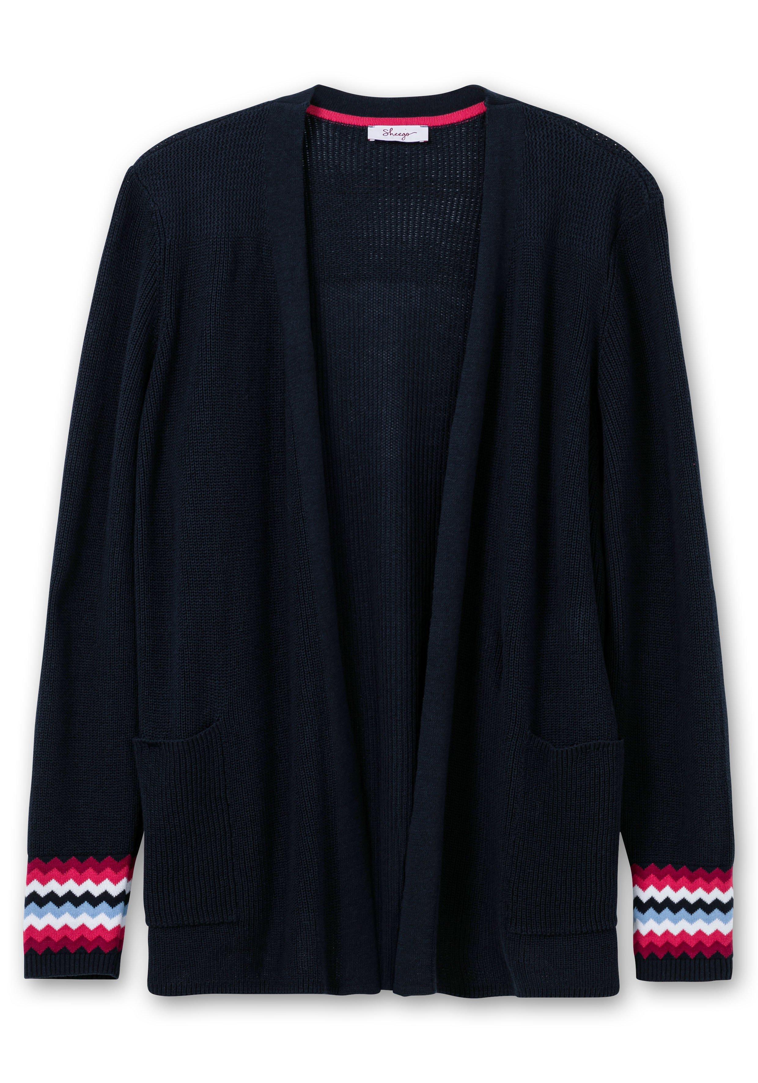 Strickjacke mit Kontrastmuster am Ärmelsaum