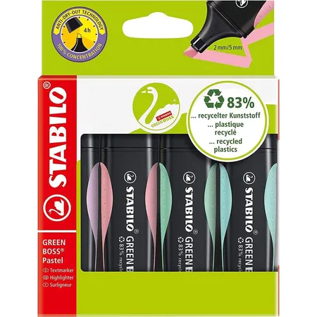 Umweltfreundlicher Textmarker - STABILO GREEN BOSS Pastel - 4er Pack - Hauch von Minzgrün, rosiges Rouge, zartes Türkis und Schimmer von Lila