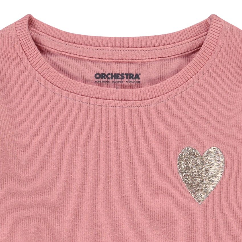 T-shirt manches longues en rib broderie coeur pour fille - Multicolore