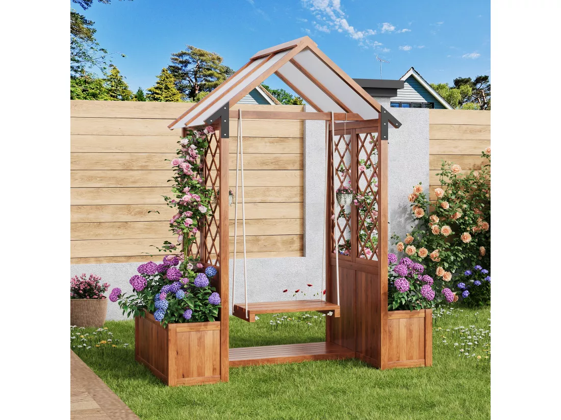 Cache-pot, balançoire d'extérieur, jardinière avec treillis, avec toit ouvrant en polycarbonate. Jardinière en bois massif marron