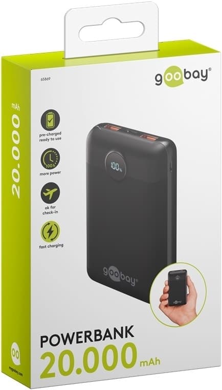 Goobay Powerbank 20.000 mAh extremt kompakt powerbank med Power Delivery och Quick Charge för snabbladdning