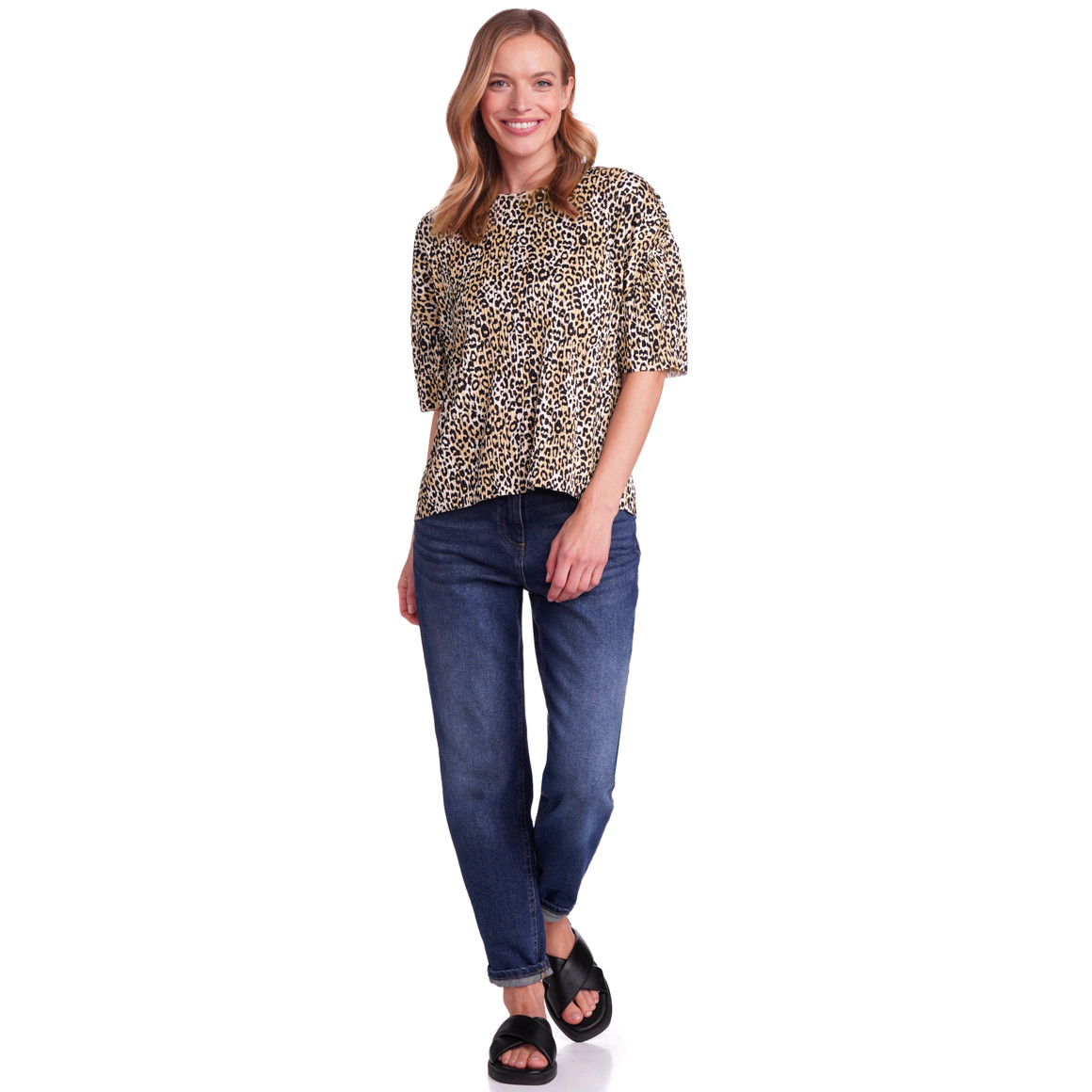 Gina Benotti Damen Plissee-T-Shirt im Leo-Look hellbraun / schwarz