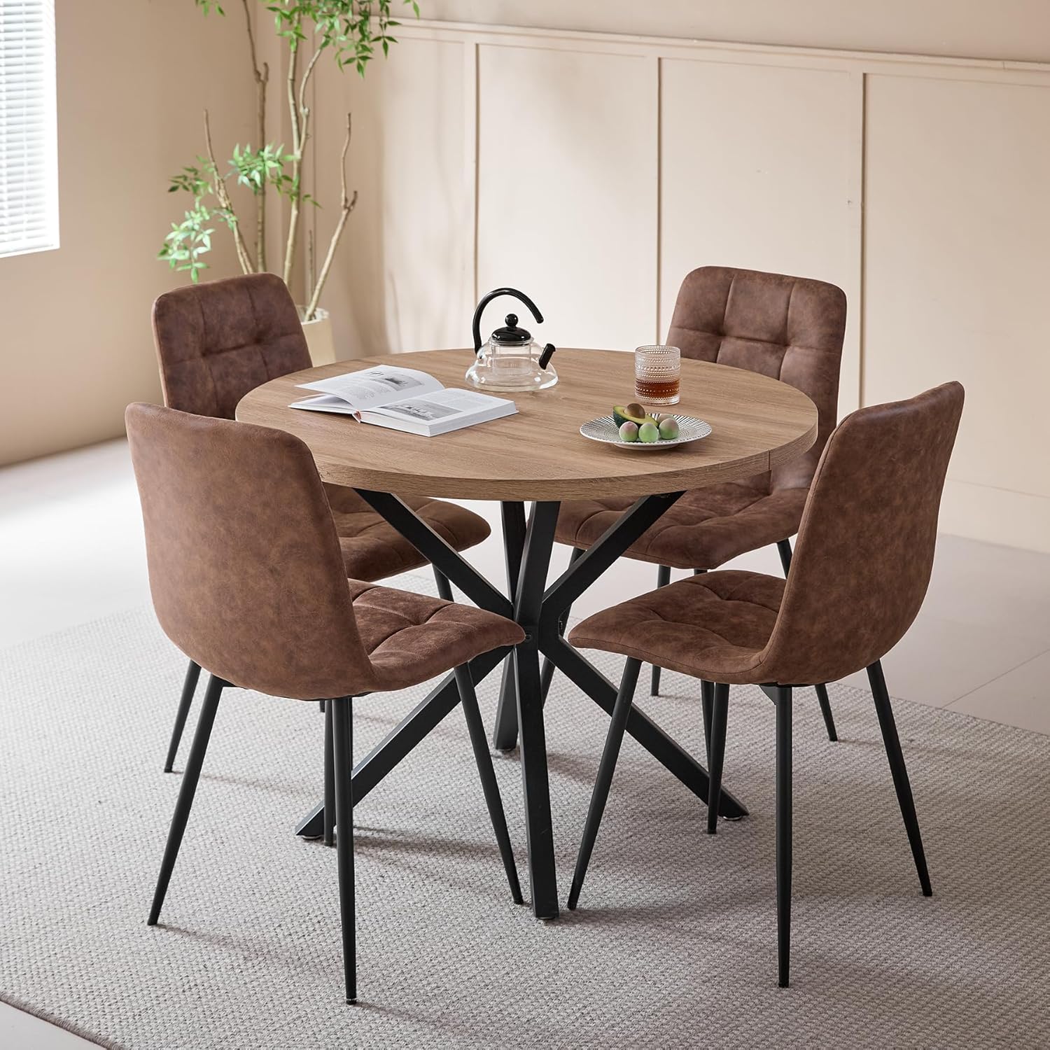 Essgruppe 5-Teilig, 100cm Runder Esstisch und 4 Kunstleder Esszimmerstühle, Tisch und 4 Stühle für Küche, Wohnzimmer, Balkon, Restaurant, Büro (Helle Holzfarbe+Hellbraun)