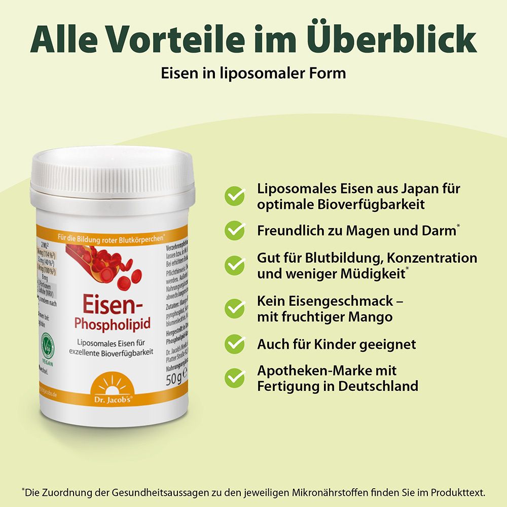 Dr. Jacob's Eisen-Phospholipid Mango Pulver liposomal optimal bioverfügbar vegan