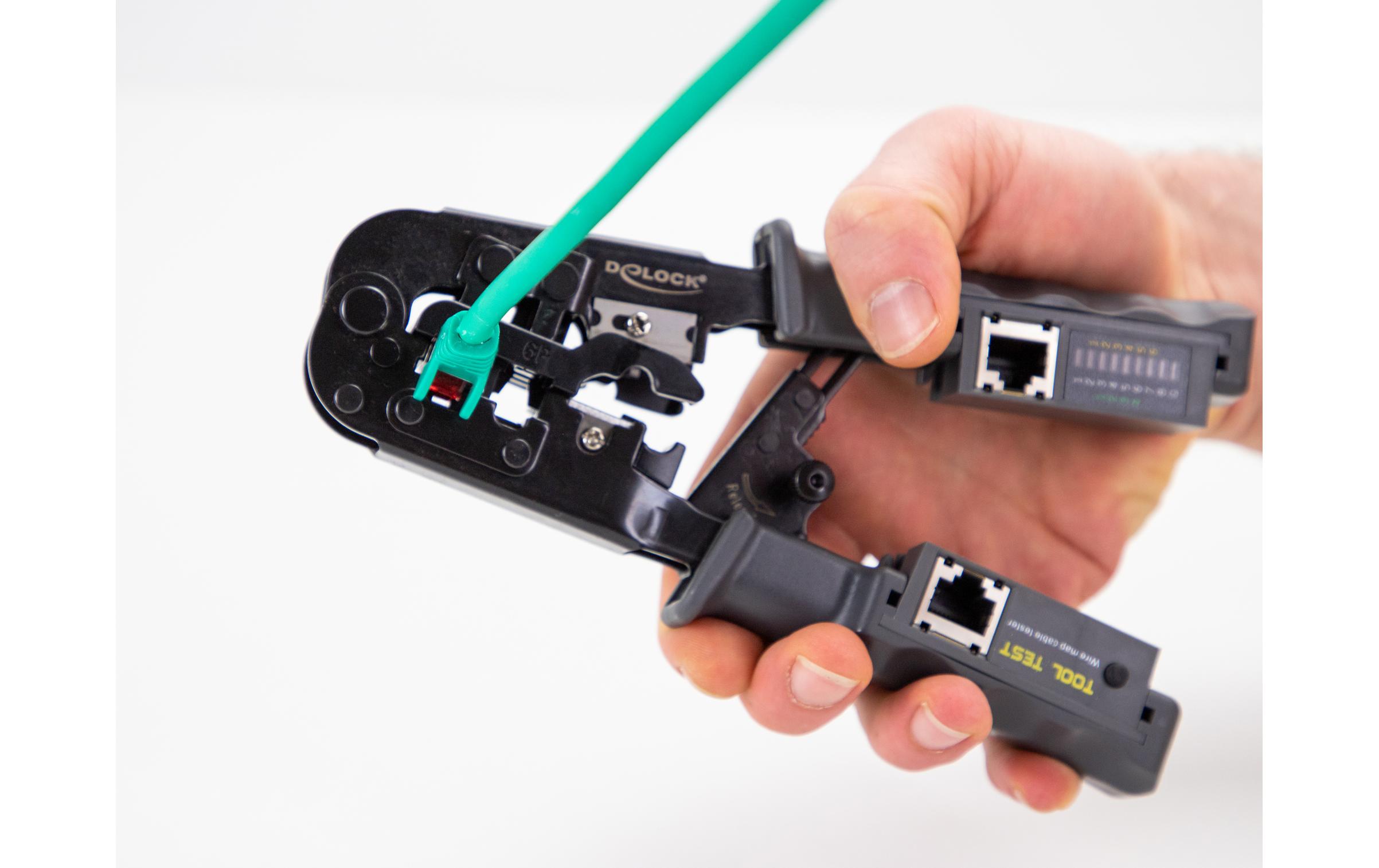 Crimpzange mit Abisolierer und NetzwerktesterCrimpzange mit Abisolierer und Netzwerktester für 8P (RJ45), 6P (RJ12/11) oder 4P (RJ10) Stecker