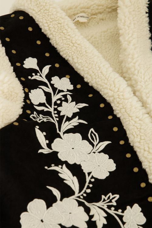 Zwart-wit teddy gilet met embroidery