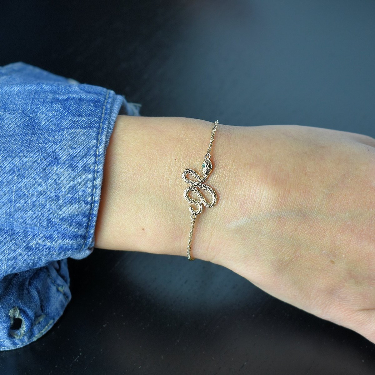 Bracelet serpent yeux d'oxydes de zirconium verts Plaqué OR 750 3 microns